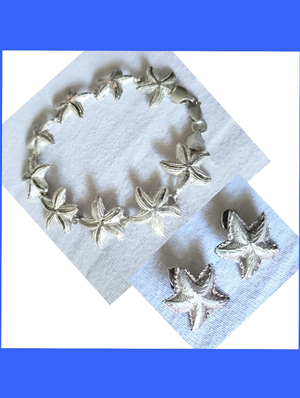 SET Sea Starfish Diamond Cut Etched Design Bracelet Earrings 925 Sterling Silver
